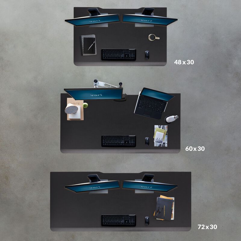 overhead view of three different size desks a 48 inches by 30 inches 60 inches by 30 inches and 72 inches by 30 inches  image number null